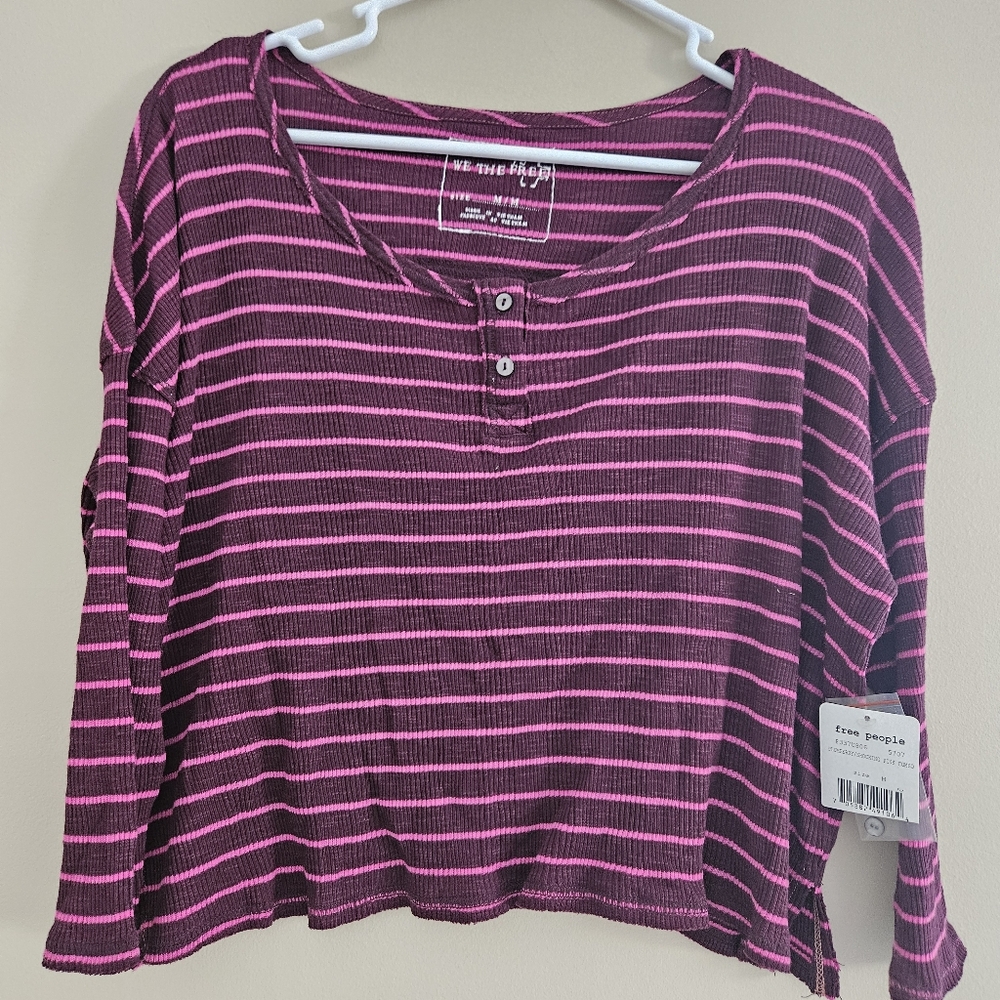 Free People Women's Striped Crop Top Button Accent With Tag